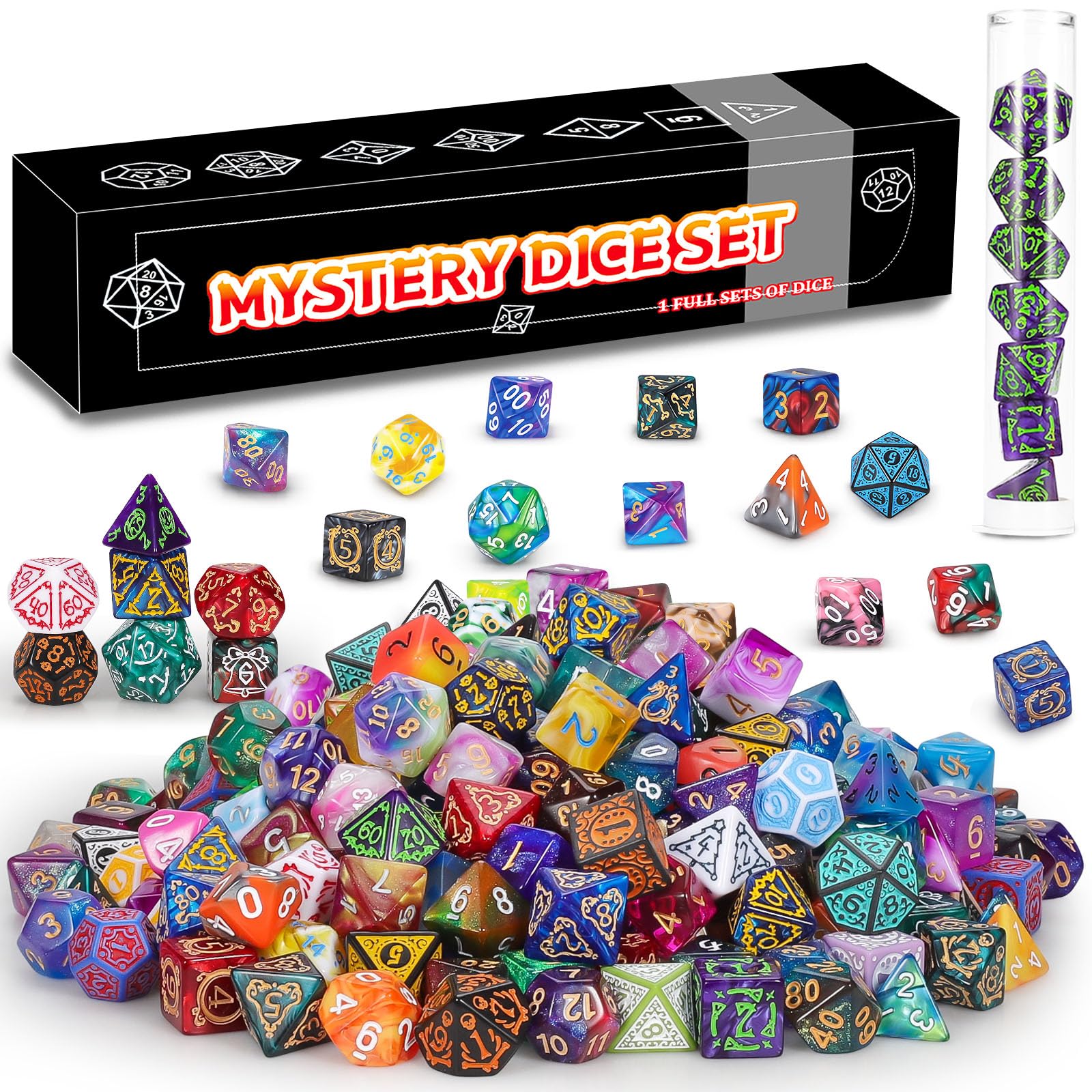 Photo 1 of QMAY Mystery Dice Box - 7PCS DND Dice Set, Random Dice Patterns, 1Surprise Boxes, Polyhedral Dice with Dice Display Tube, D&D Gifts Box for Dungeons and Dragons, RPG, MTG,Role Playing Table Game