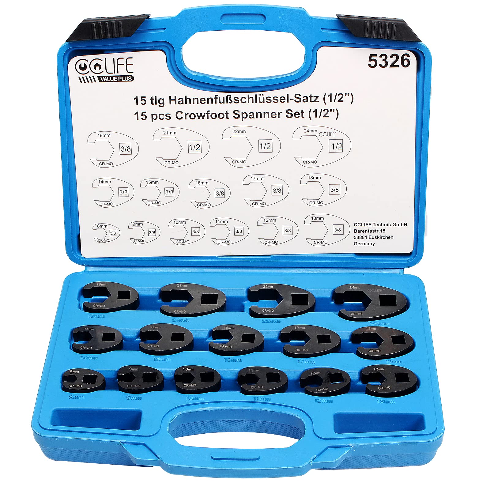 CCLIFE 15 Piece Cockerel Foot Spanner Socket Spanner Torque 1/2 Inch 3/8 Inch External Square Drive 8-24 mm โ image 1