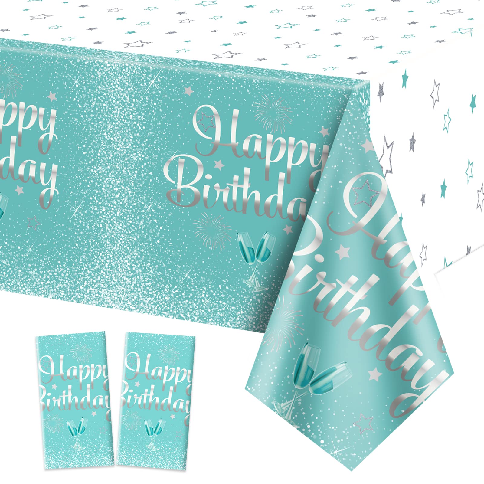 QUERICKY 2 Pack Teal Blue and Silver Happy Birthday Tablecloths, 130x220cm Rectangle Table Cover for Women Girls Birthday Party Decorations Supplies
