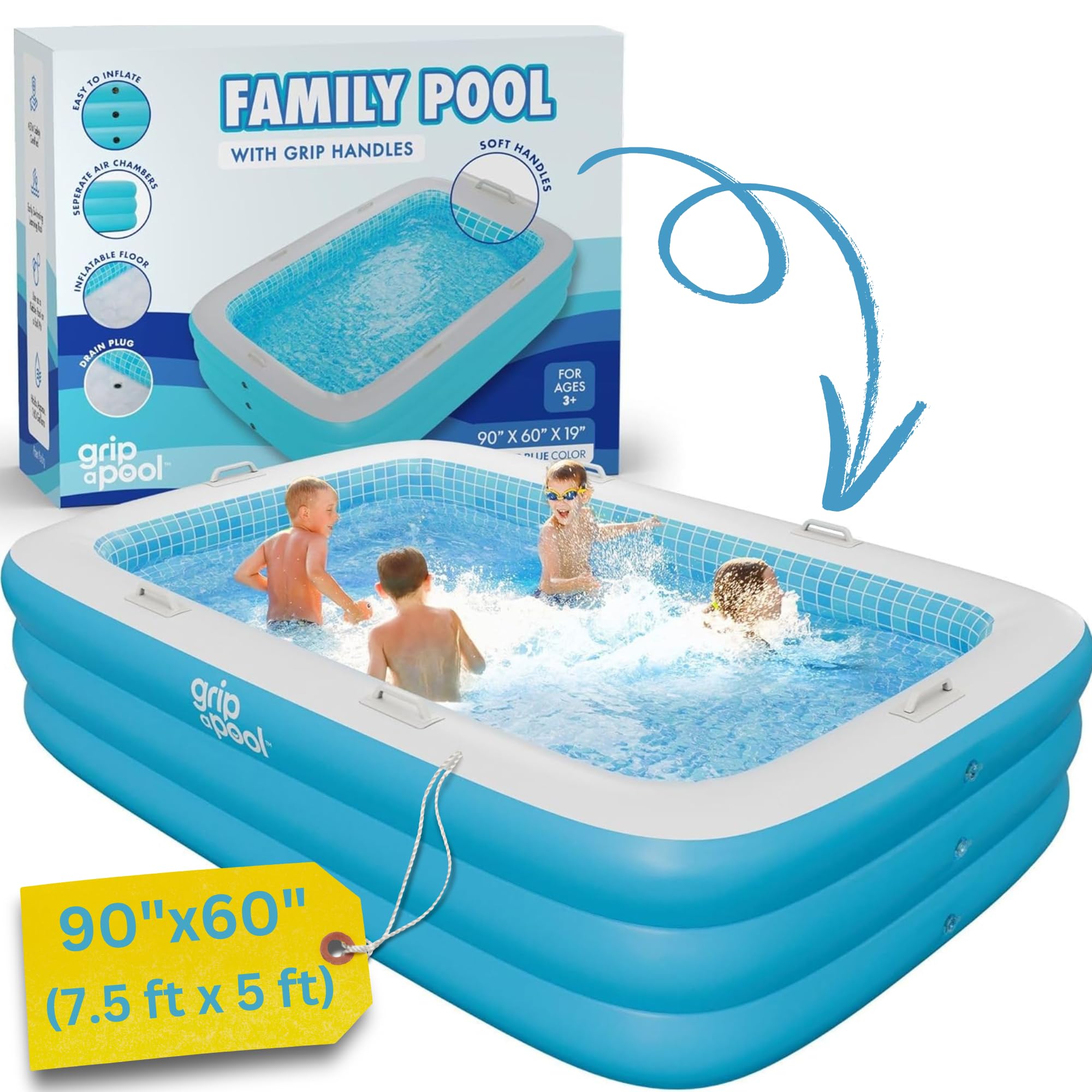 Photo 1 of GRIP A POOL Premium Large Inflatable Pool with Soft Floor, Handles and Drain for Adults and Kids, 90"x60"19" Durable Blow Up Outdoor Swimming Pool for Backyard, Summer Gift, Family Size Kids Pool