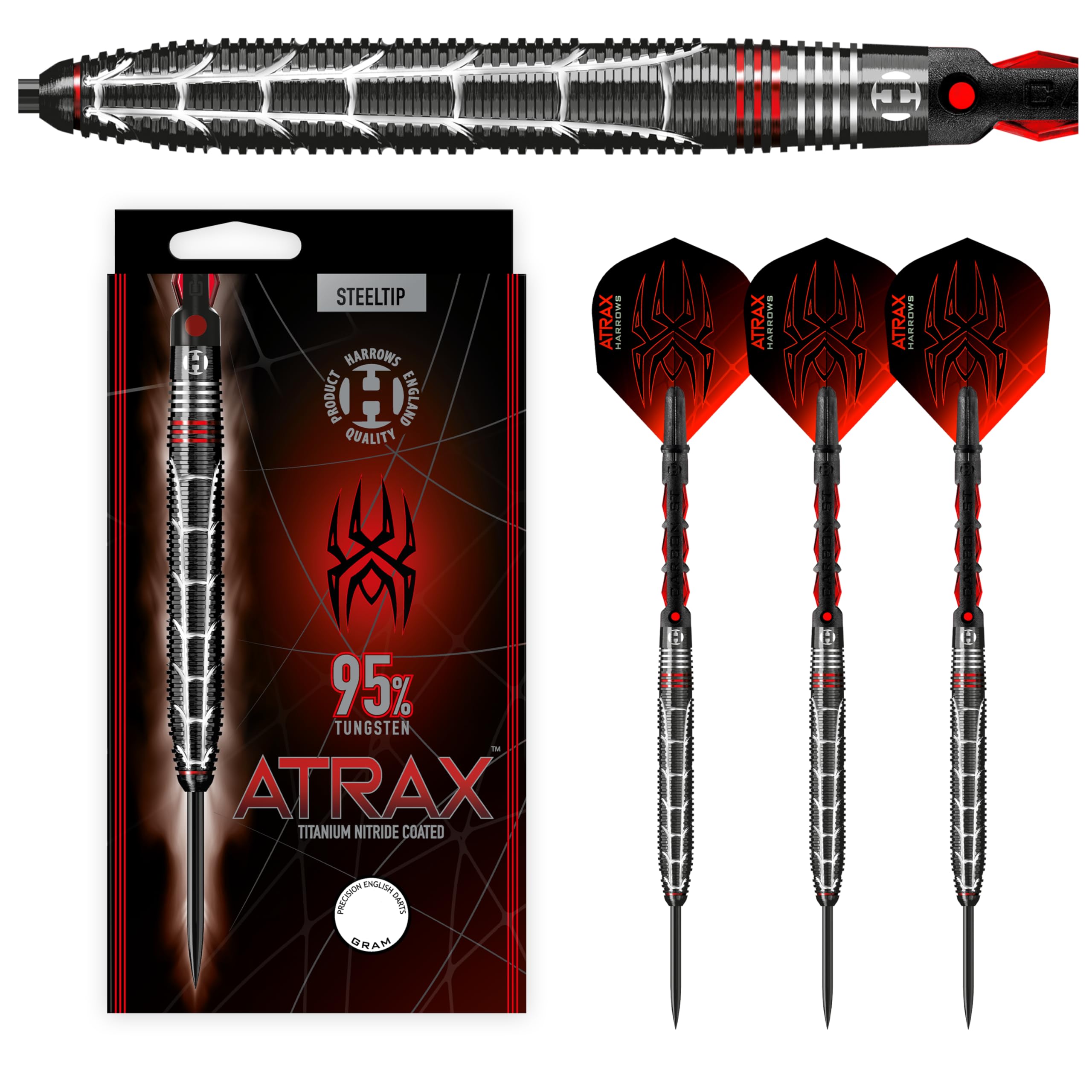 Harrows Atrax 95% Tungsten Steel Tip Darts Set 21g, 22g, 23g, 24g & 25g - Includes Red Carbon ST midi shafts & new 100 micron Atrax flights (26, Grams)