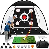 EXOEMTS Golf Net 10x7FT with Tri-Turf Mat, Ball, Target & Bag, All-in-One Golf Practice Hitting Net for Backyard Driving, Chipping & Swing, Indoor Outdoor Training Aid, Gift for Men Dad Him Golfer