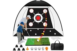 EXOEMTS Golf Net 10x7FT with Tri-Turf Mat, Ball, Target & Bag, All-in-One Golf Practice Hitting Net for Backyard Driving, Chipping & Swing, Indoor Outdoor Training Aid, Gift for Men Dad Him Golfer