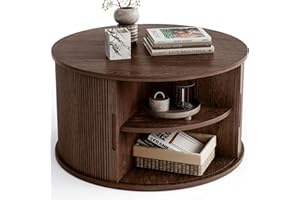 LINSY HOME Round Coffee Table, 31.5" Drum Coffee Table with Sliding Tambour Door, Fluted Accent Center Table with Storage, Mid Century Modern Coffee Table for Living Room, Walnut