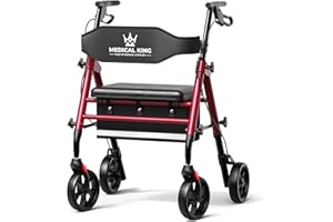 MEDICAL KING Walkers for Seniors with Seat Foldable Rollator Walker with 8" Wheels, Adjustable Handle Height, Comfortable Seat, 350 lb Capacity, Lightweight Rolling Walker with Storage Pouch - Red