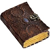 Vintage Leather Journal Semi Precious Witch Stone Triple Moon Design-Lock Closure, 200 Antique Deckle Edge Blank Paper-Book of Shadows, Grimoire Journal, Witch Journal for Men and Women 7x5 Inch