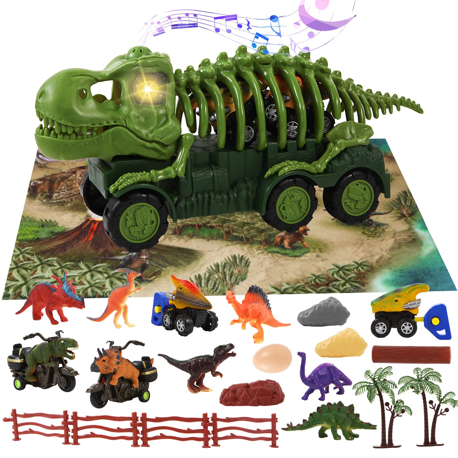 Tyrannosaurus Transport Skeleton Car with Sounds and Lights, 6 Dino Figures, 4 Mini Dino Cars, Dinosaur Play Mat, Dinosaur Eggs & Trees for Boys and Girls 3-7 Years Old