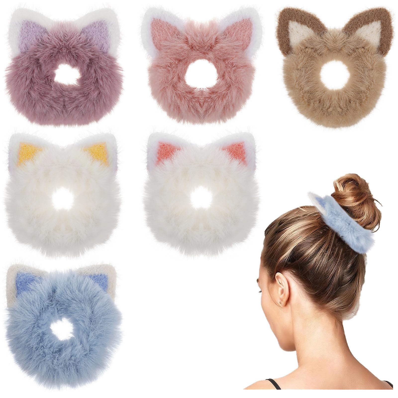 minkissy 6pcs Cat Scrunchies Plush Hair Rings Cat Ear Elastic Hair Ties Cute Hair Bobbles Fluffy Hair Band Hair Accessories for Women Girls