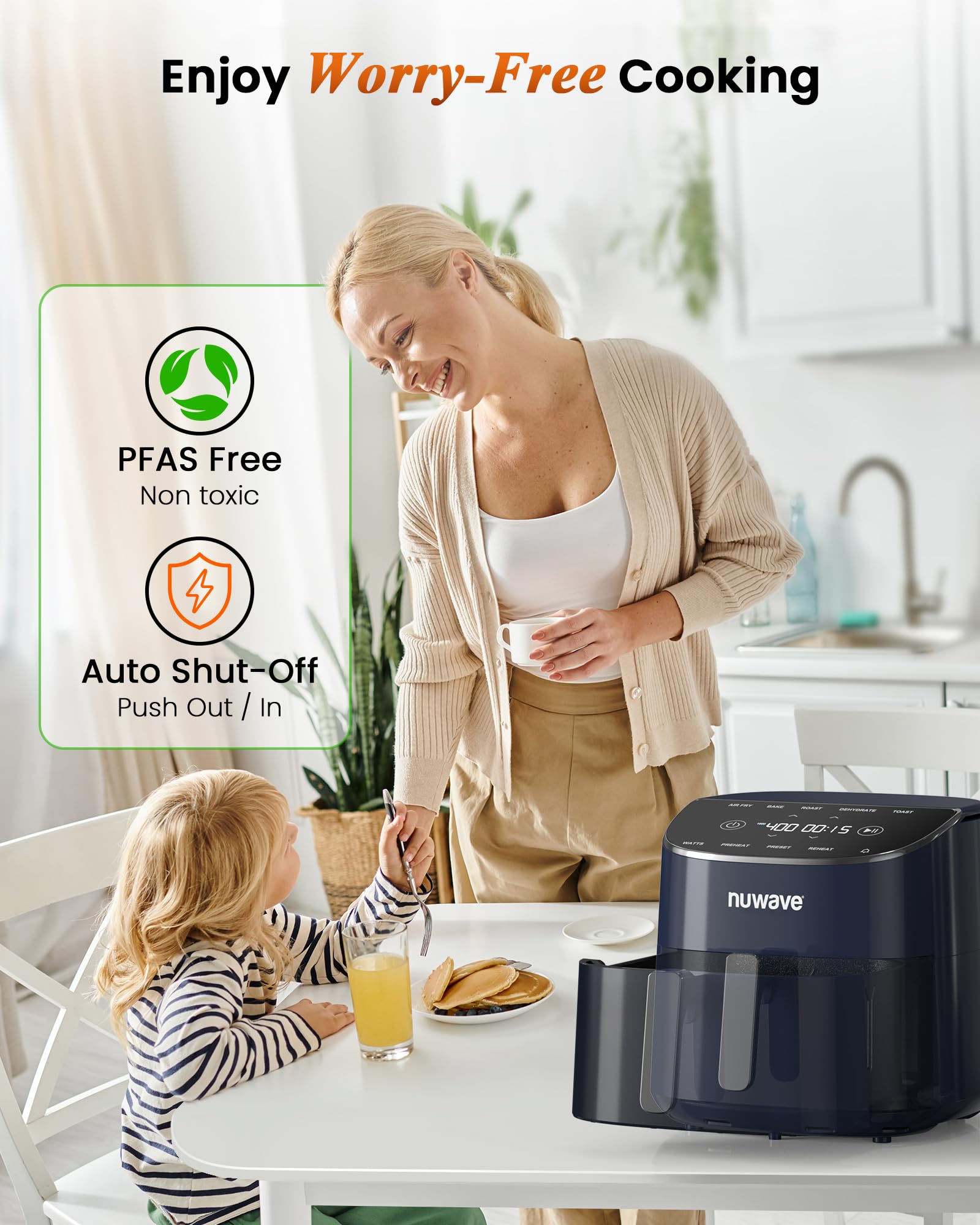 Freidora de aire Nuwave Brio Plus de 8 cuartos, nueva y mejorada, SIN PFAS, 7 funciones digitales de cocción con un solo toque que FREÍR AL AIRE, HORNEAR, ASAR, DESHIDRATAR, TOSTAR, RECALENTAR, PRECALENTAR, 150 ajustes preestablecidos, 50 °F ~ 400 °F (azul profundo)