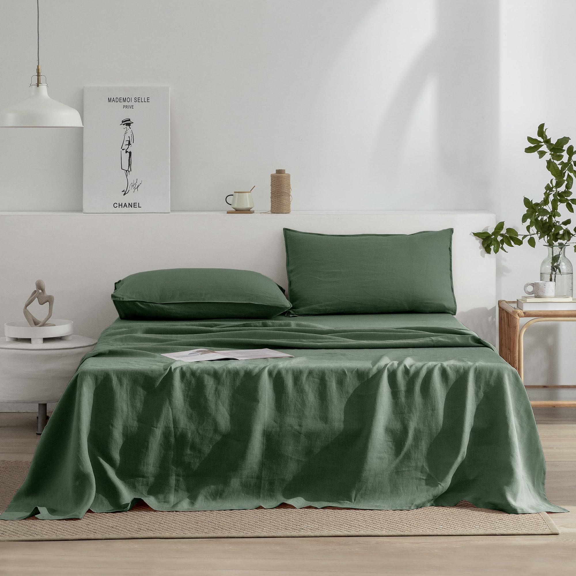 Photo 1 of EVERLY Linen Queen Size Sheets Set,100% French Washed Pure Linen Bed Deep Pocket Sheets,4Pieces(1Flat Sheet,1Fitted Sheet,2Pillowcases) Suitable for Hot Sleepers,180GSM Dark Green Bedding Set