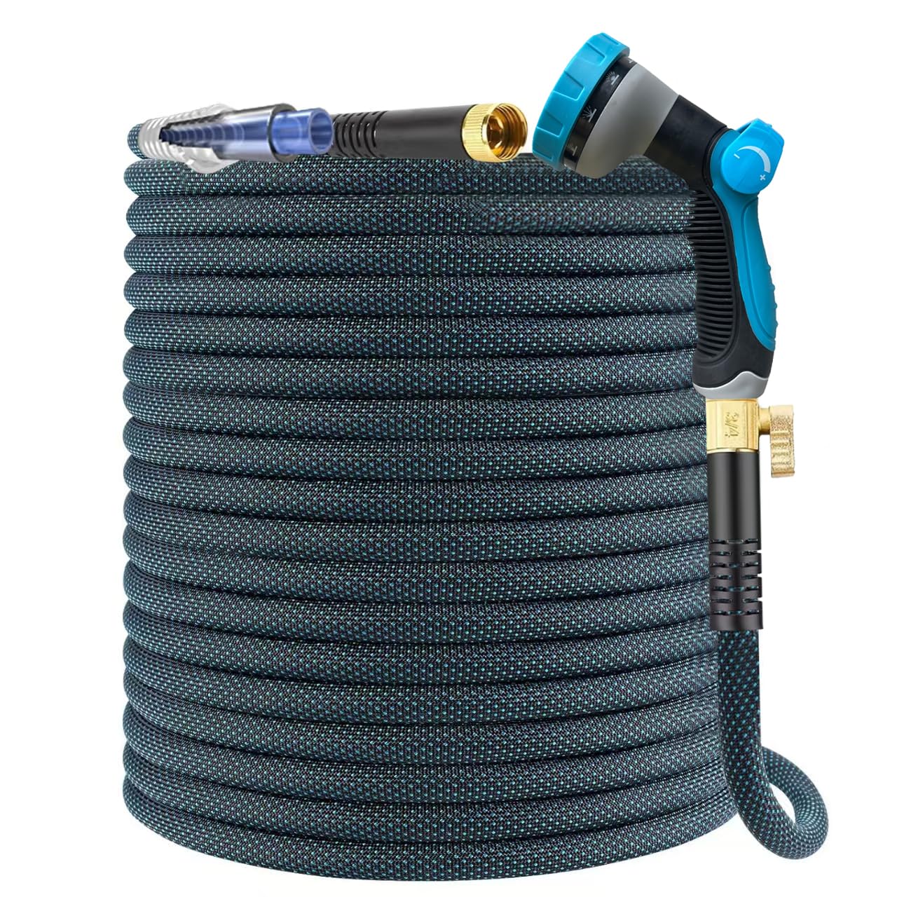 View 1 of 100Ft Non-Expandable Garden Hose, Flexible Water Hose with 10-Pattern Spray Nozzle, Lightweight Hose Pipe, Kink-Free, Leak-Proof, 3/4" Solid Metal Fittings (Blue)
