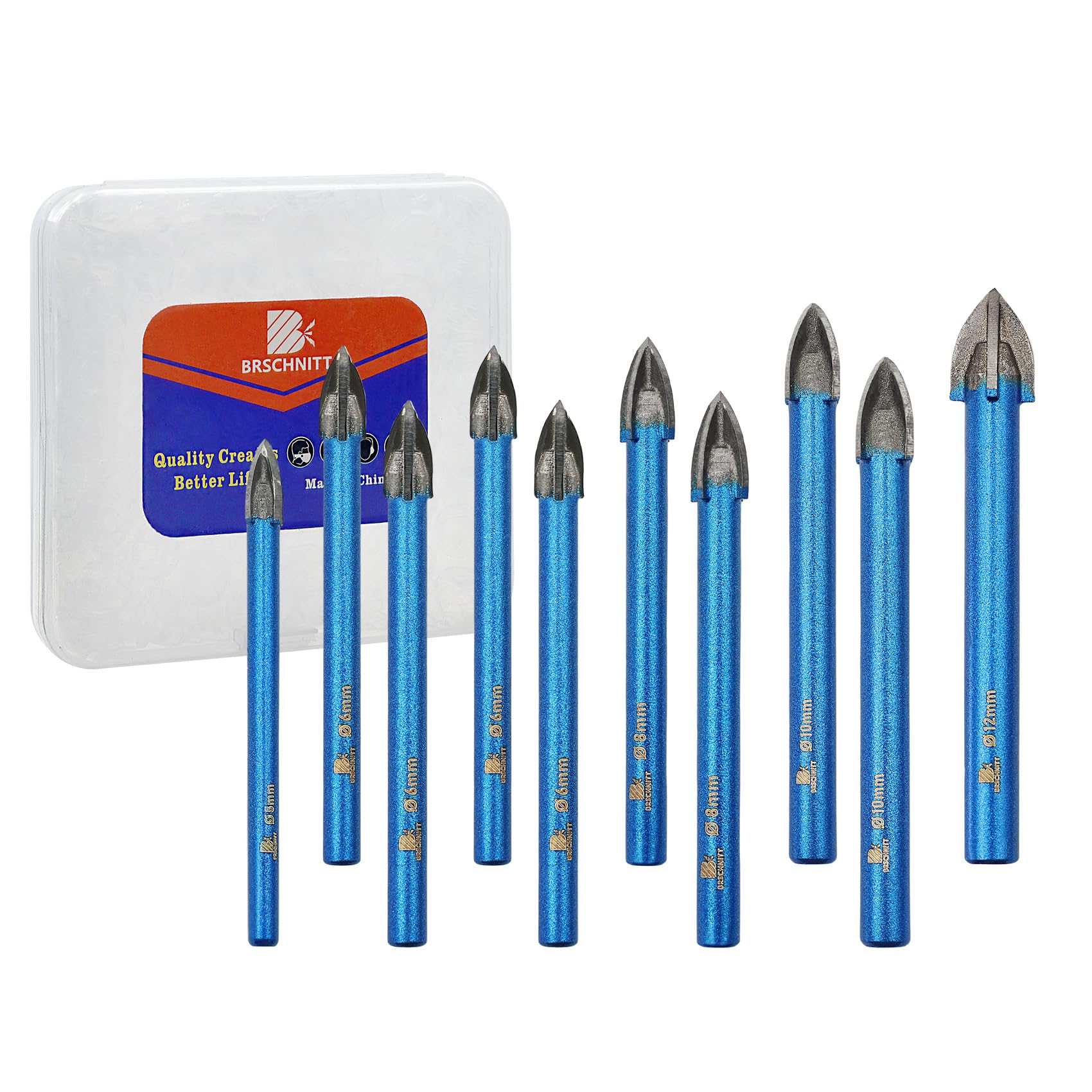 Masonry Drill Bit BRSCHNITT 3/16"+1/4"*4+5/16"*2+3/8"*2+1/2" Carbide Tips Concrete Drill Bit Set for Pots Bottles Ceramic Tile Glass Brick Ceramic Round Shank(10pcs)