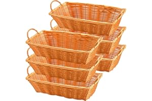 Yesland 6 Pcs Poly Wicker Bread Basket with Handle, 14 Inch Rectangular Imitation Rattan Fruit Storage Baskets - Stackable Em
