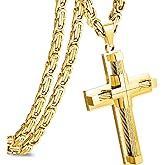 JUNOVUROS Cross Pendant Necklace for Men, Jesus Christ 316L Stainless Steel 20 to 28 In Rolo/24 In Byzantine Chain, 2 Sizes of Religious Jewelry with Silver/Gold/Black/Multicolor