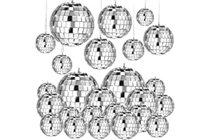 MTLEE 20 Pcs Disco Balls Decoration Mirror Disco Ball Assorted Silver Mini Glass Different Sizes Reflective with Rope for 70s
