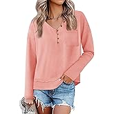 Tankaneo Womens V Neck Henley Shirts Casual Long Sleeve Flowy Tees Cute Loose Fit Tops with Pocket