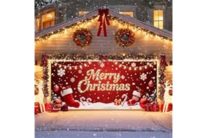 IVN Christmas Garage Door Cover Decoration 13x6ft Red Stockings Candy Canes Snowflakes Ornaments Merry Christmas Winter Garage Door Banner Home Door Front Yard Decor for Xmas Eve Holiday Outdoor