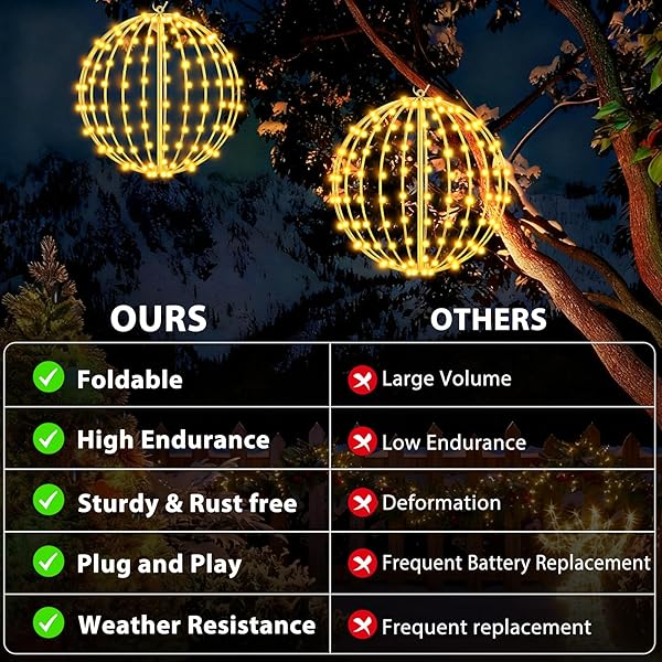 ANGAR 4 PACK 16″ CHRISTMAS BALL LIGHTS OUTDOOR/INDOOR, FOLDABLE LARGE LIGHTED LED SPHERE FOR TREES, HANGING LIGHTS WITH HOOK, HOLIDAY DECOR, GARDEN, PATIO, WEDDING