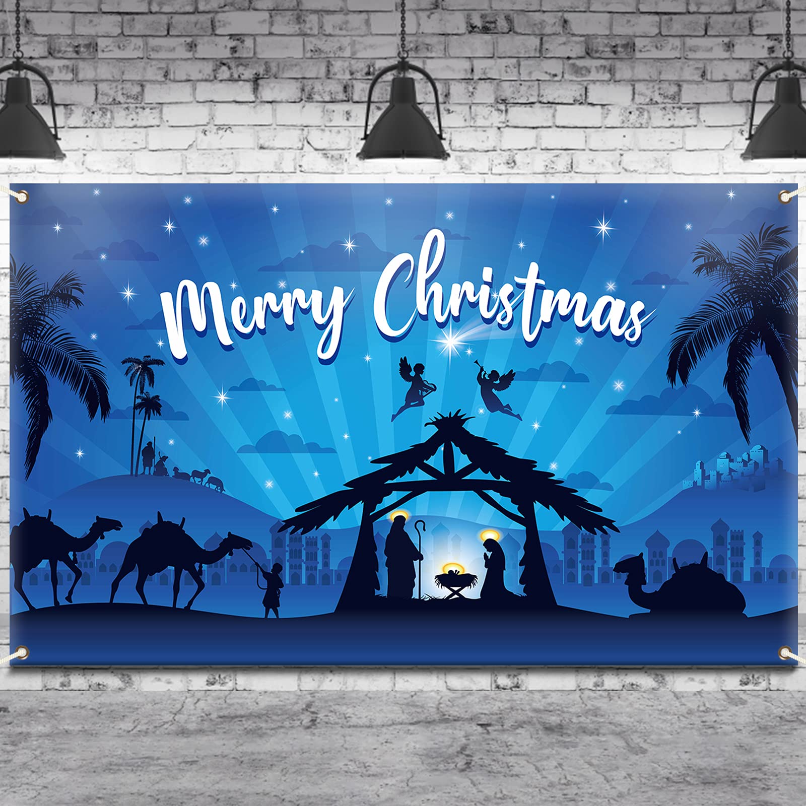 Holy Nativity Christmas Backdrop Decorations Outdoor/Indoor Manger Scene Religious Blue Banner Background Home Office decor