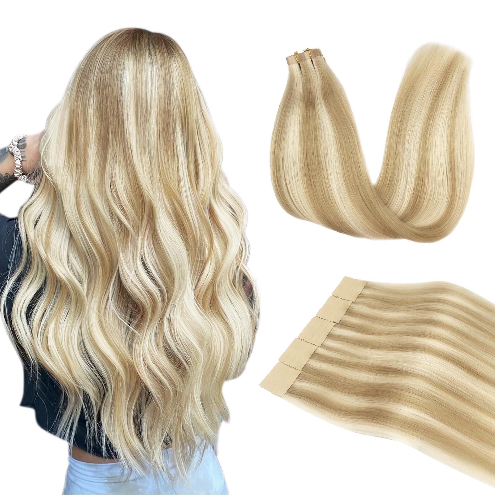 DOORES Tape in Human Hair Extensions, Dark Blonde Highlighted Bleach Blonde 18 Inch 50g 20pcs, Human Hair Extensions Tape in Skin Weft Natural Remy Straight — image 1