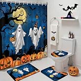 Mocsicka Halloween Shower Curtain Set for Bathroom, 4Pcs Spooky Ghost Scary Graveyard Bathroom Sets with Non Slip Rugs, Toilet Lid Cover, Bath Mat, Shower Curtain, Bathroom Decor with 12 Hooks