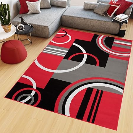 Tapiso Maya Tapis De Salon Chambre Design Moderne Rouge Gris Noir Blanc Géométrique Lignes Cercles Fin 220 X 300 Cm