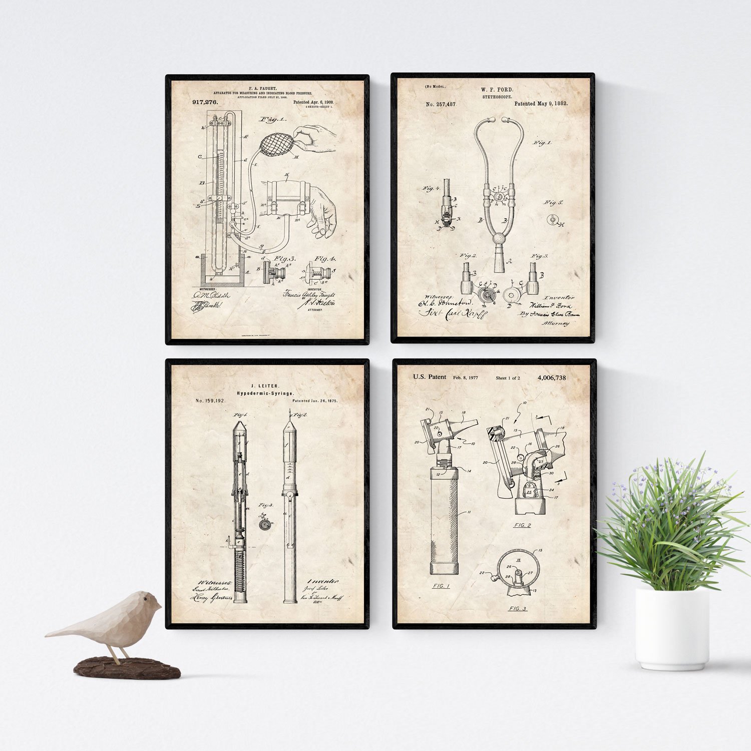 Nacnic set of 4 medical equipment vintage patent sheets | old invention of medical equipments in brown beige background | a4 size | decoration for room, walls, office, business...
