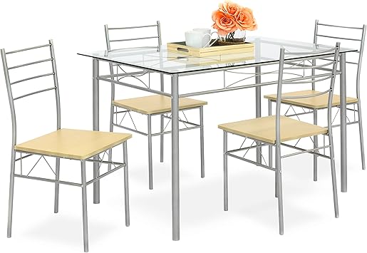 Amazon Com Best Choice Products 5 Piece Glass Top Dining Table Breakfast Set Furniture For Kitchen Dining Room W 4 Chairs Steel Frame Silver Table Chair Sets