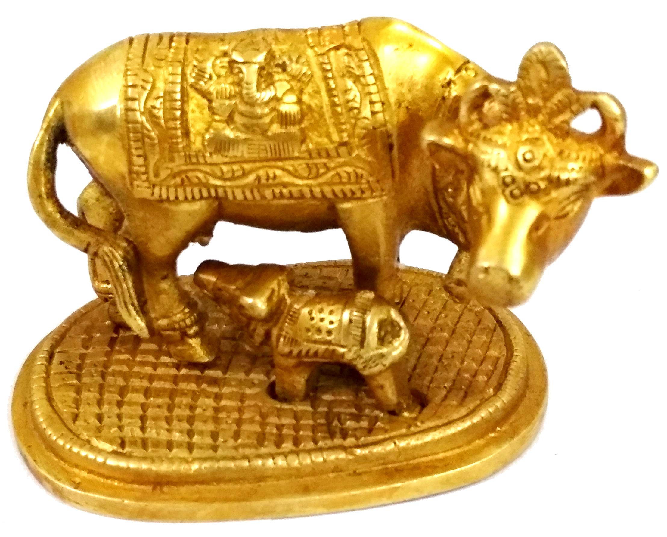 Purpledip Brass Idol Kamdhenu Cow with Calf : Golden Statue for Home Temple (11784)