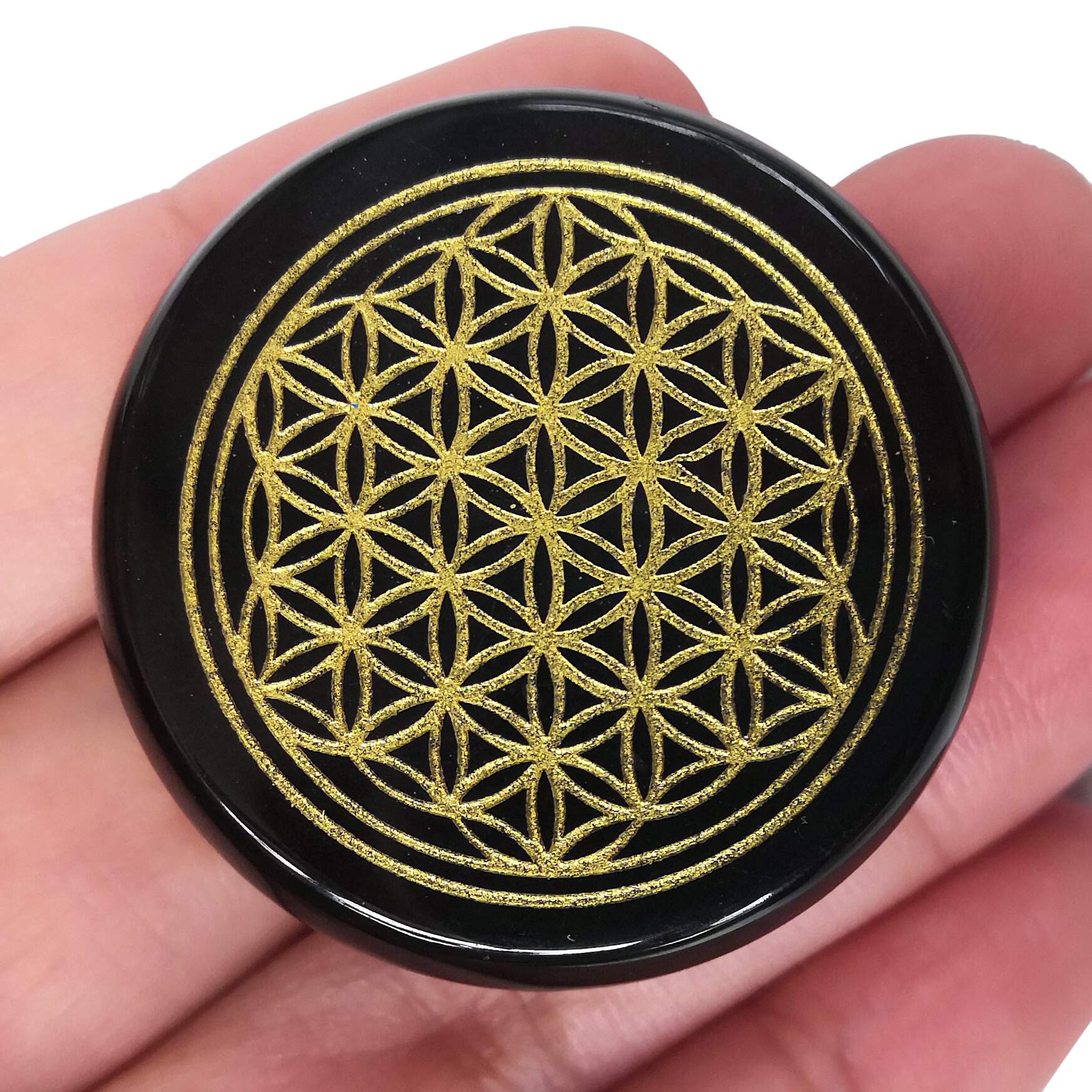 Loveliome Natural Black Agate Flower of Life Engraved Healing Crystal Chakra Balancing and Positive Energy Generator Palm Pocket Stone