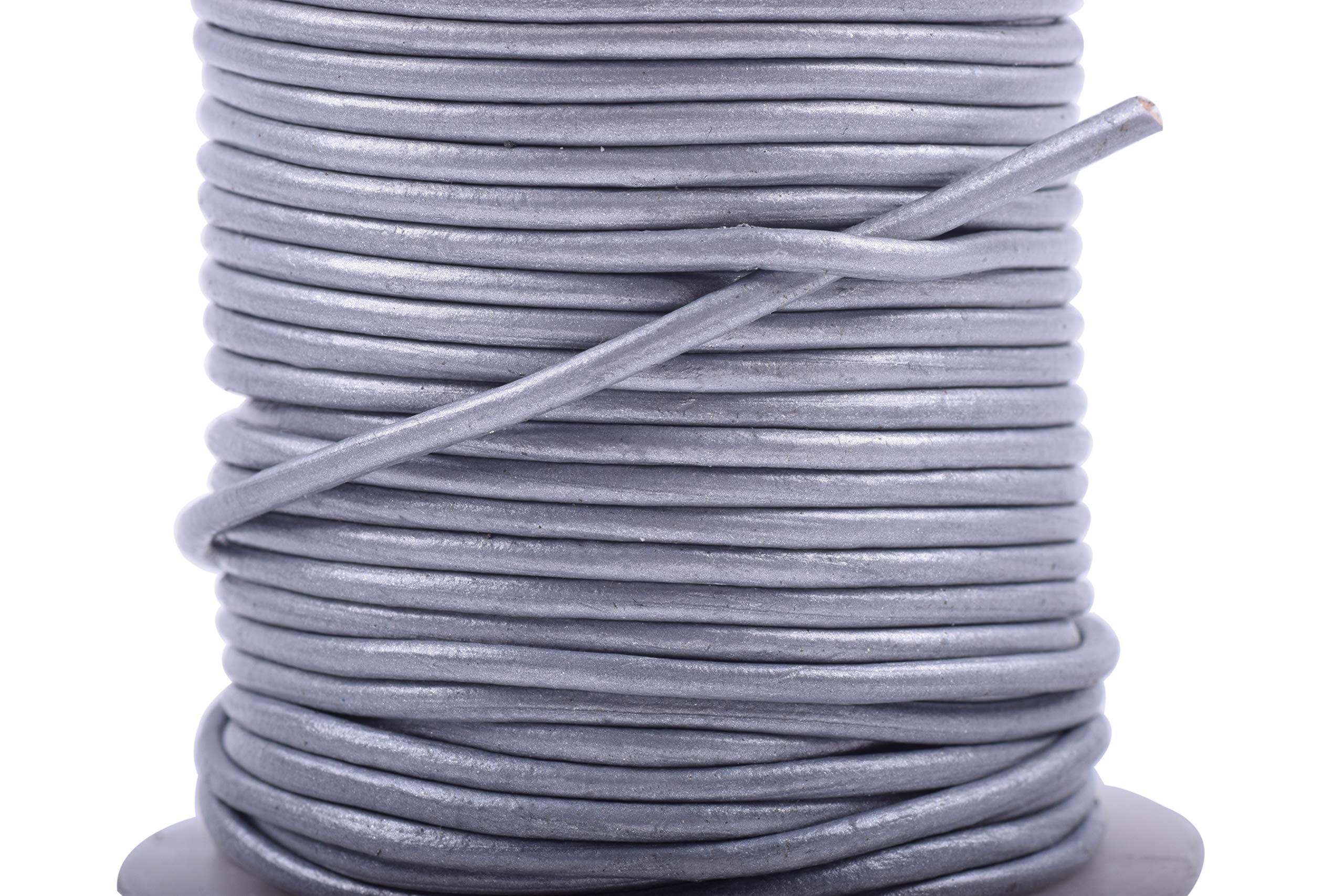 KONMAY 1 Roll 22.75 Meters 2.0mm Metallic Silver Grey Round Real Leather Cord for Jewellery Making and Crafting