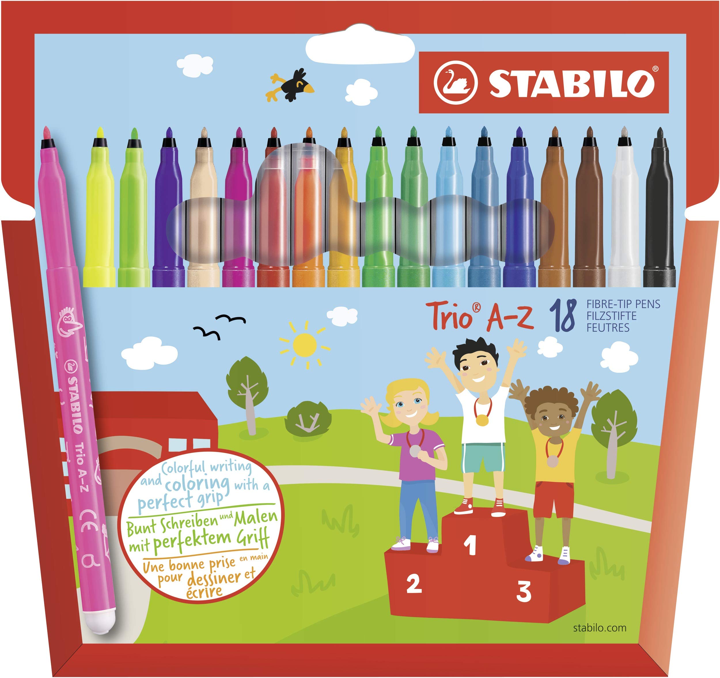 STABILO Trio A-Z - Fibre-Tip Pen with Triangular Grip Zone - Pack of 18 - Assorted Colours including 3 Neon Colours — image 1