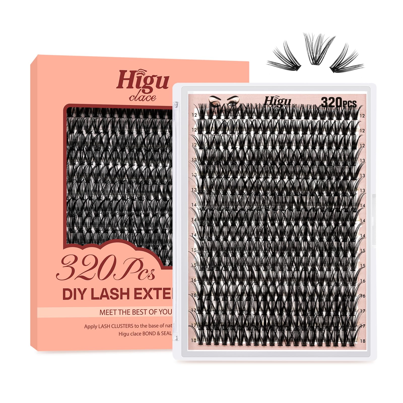 Higu clace Individual Lashes Cluster 320pcs, C curl Lash Clusters 40D DIY Individual Eyelashes 12-18mm Mixed,Wispy Lash Extension Reusable False Lashes Clusters(40D Ccurl 12-18mm) — image 1