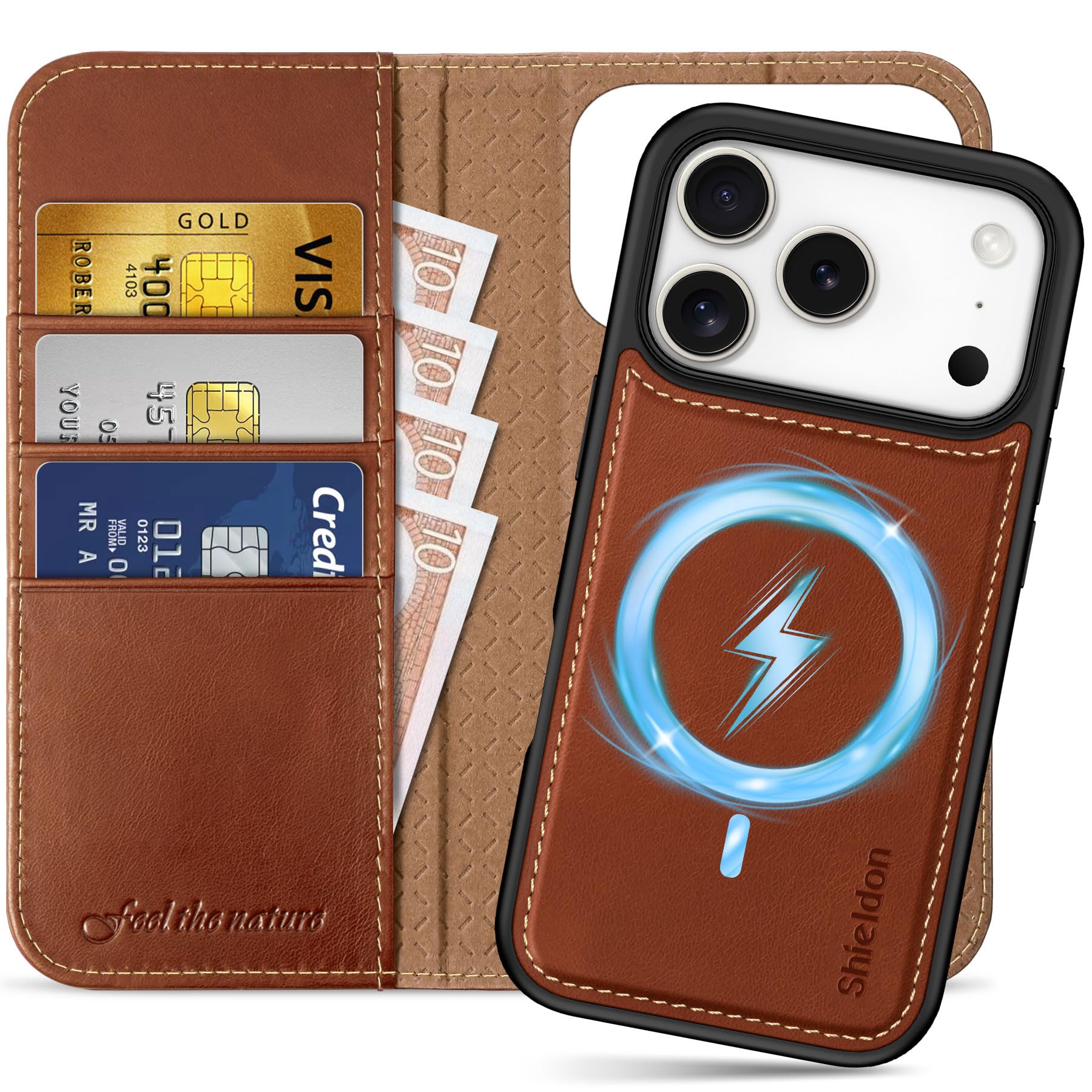 Photo 1 of SHIELDON Detachable Genuine Leather Case Wallet for iPhone 17 Pro 6.3" 2025 | 2-in-1 Design, Wireless Charging, Magnetic, RFID Blocking Credit Card Holder, Kickstand, Flip Cover - Retro Brown