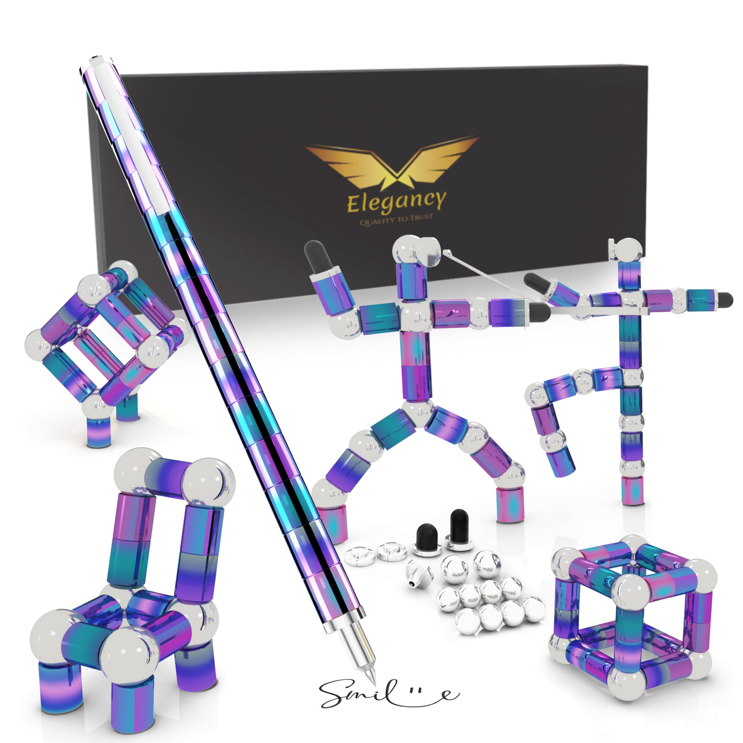 Elegancy Fidget Pen w/ Magnetic Balls | Deformable Decompression Magnetic Pen Fidget Toy | Stress Relief Multi-Functional Ballpoint Pens | Cool Stuff Magnets for Kids