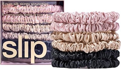 SLIP Silk Skinnie Scrunchies Set Black Pink Caramel 100% Mulberry Hair Ties 6