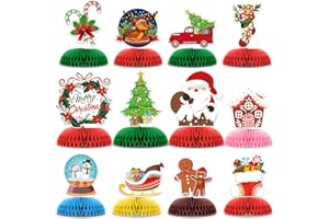 KINGZONE 12 Pcs Christmas Party Decorations, Christmas Happy Birthday Decorations, Santa Claus Christmas Tree Table Honeycomb Centerpieces Decor Table for Party Supplies for Women Men Baby Shower Boys Girls
