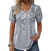 Zeagoo Women's Puff Short Sleeve Boho Shirts Casual V Neck Floral Solid Summer Blouse Pleated Tunic Top