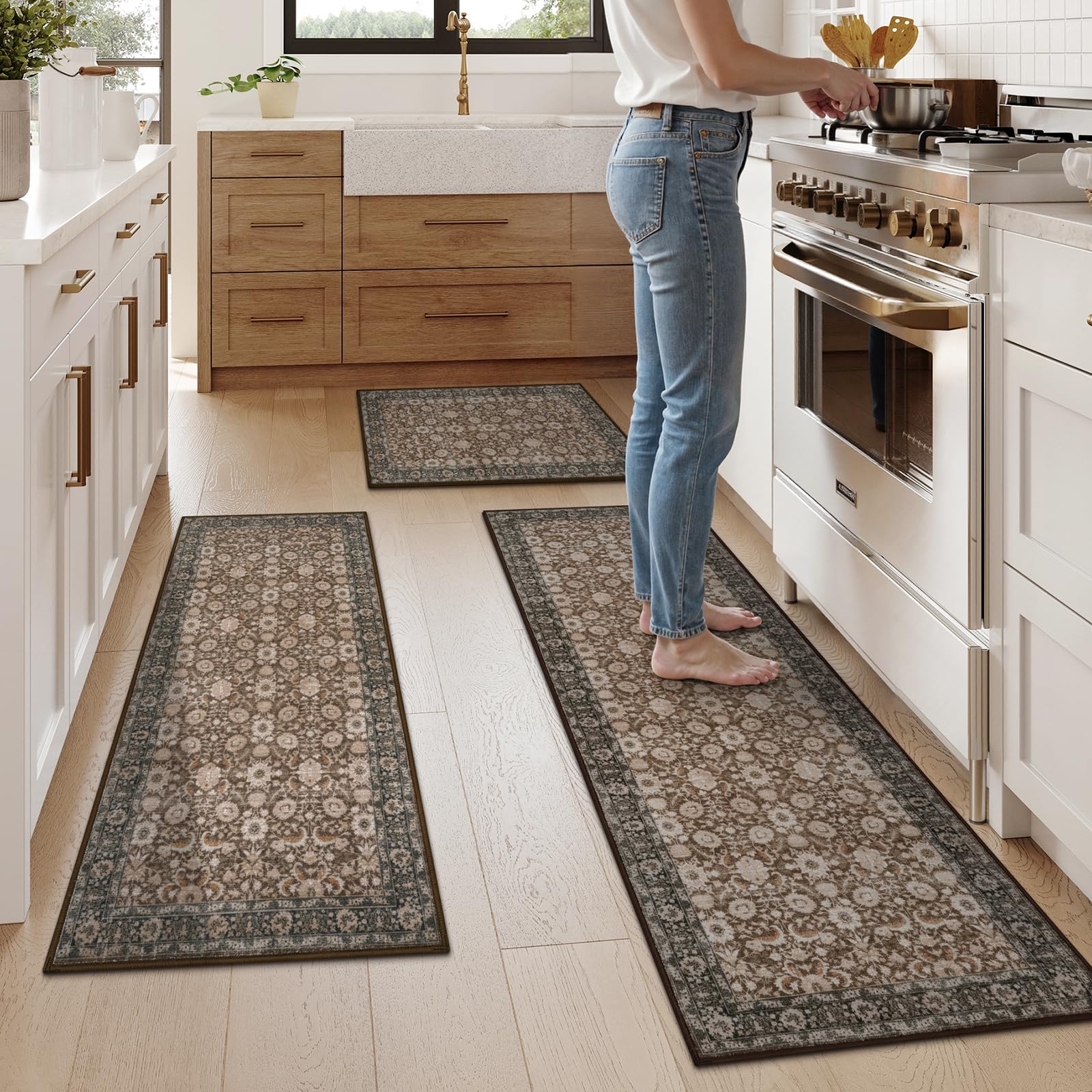Photo 1 of KIMODE Kitchen Rugs Non Slip Washable, Farmhouse Kitchen Rugs Sets of 3, Rubber Kitchen Mats for Floor, Kitchen Runner Rug for Hallways Laundry Sink Bathroom Brown 20"x32"+20"x47"+20"x59"