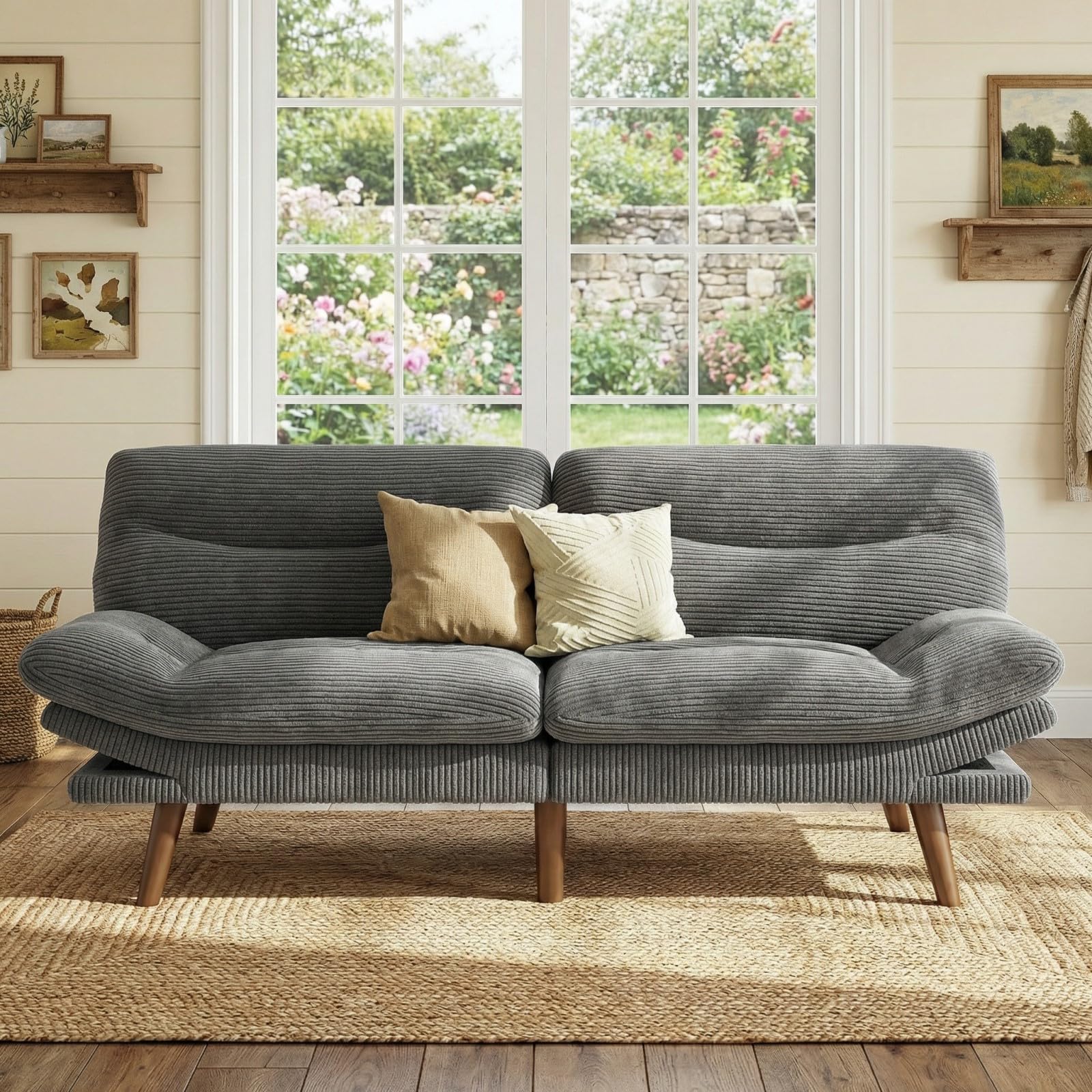 Marsail 75" Futon Sofa Bed, Convertible Corduroy Futon Couch with Adjustable Backrest & Armrests, Small Sleeper Sofa Loveseat for Living Room, Apartment, Office, Grey