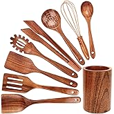 Woodique Kitchen Wooden Cooking Utensil Set, Heat Resistant Teak Wooden Spoons for Cooking (9pcs with holder)