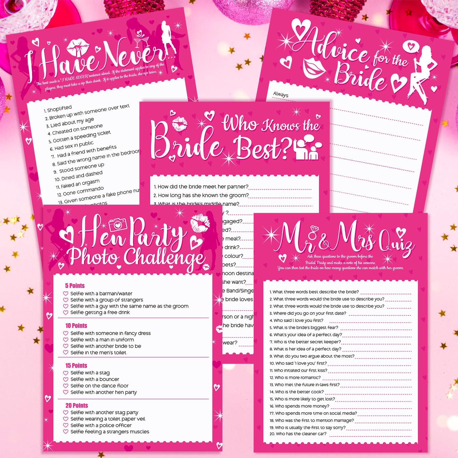 HOWAF 41 Hen Party Games, Includes 5 Games, Advice for the Bride Cards, Who Knows The Bride Best, Mr & Mrs, I Have Never, Hen Party Photo Challenge, Hen Night Games Hen Do Games Bridal Shower Games