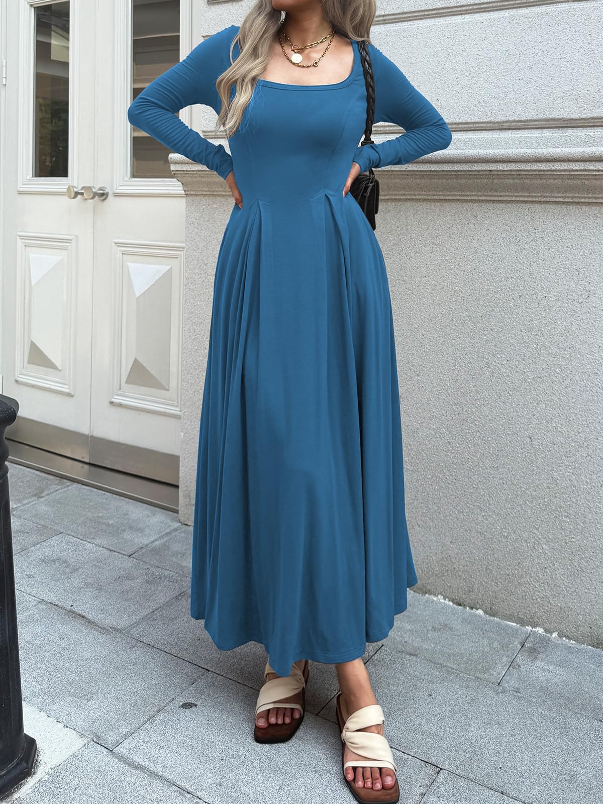 Mieazom Women Long Sleeve Square Neck Maxi Dress A-Line Pleated Flowy Elegant Party Cocktail Winter Fall Dresses with Pockets Blue XL
