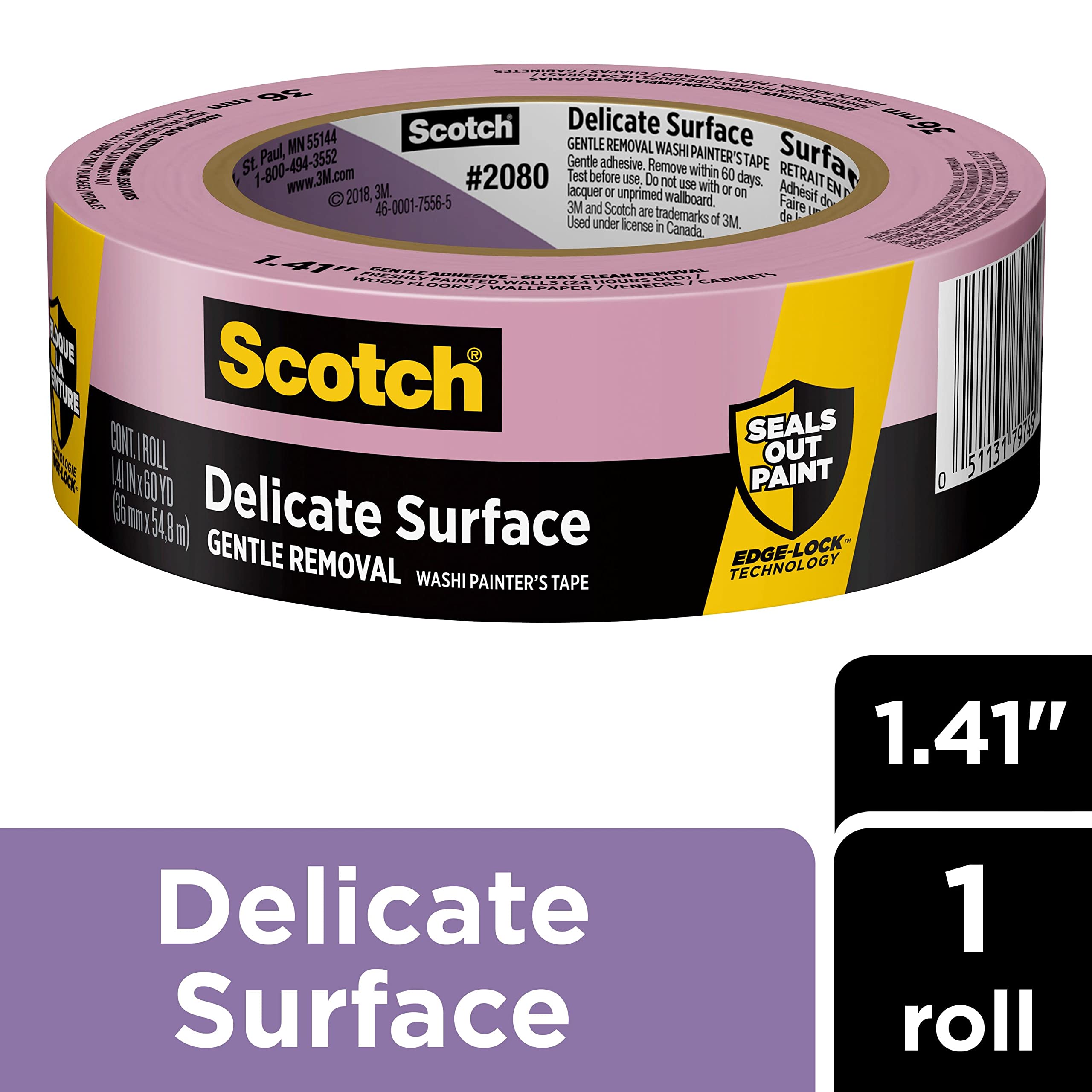 Scotch Delicate Surfaces Painters Tape, 1.41 in x 60 yd, Damage-Free Painting Prep, Protect Delicate Surfaces, UV & Sunlight Resistant, Solvent-Free Adhesive, Indoor Masking Tape, 1 Roll (2080-36EC)