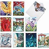 The Best Card Company - 10 Blank Note Cards (4 x 5.12 Inch) - Fun Mythical Fantasy Cards, Assorted Greetings Boxed - Dragon Dreams AM6293OCB-B1x10