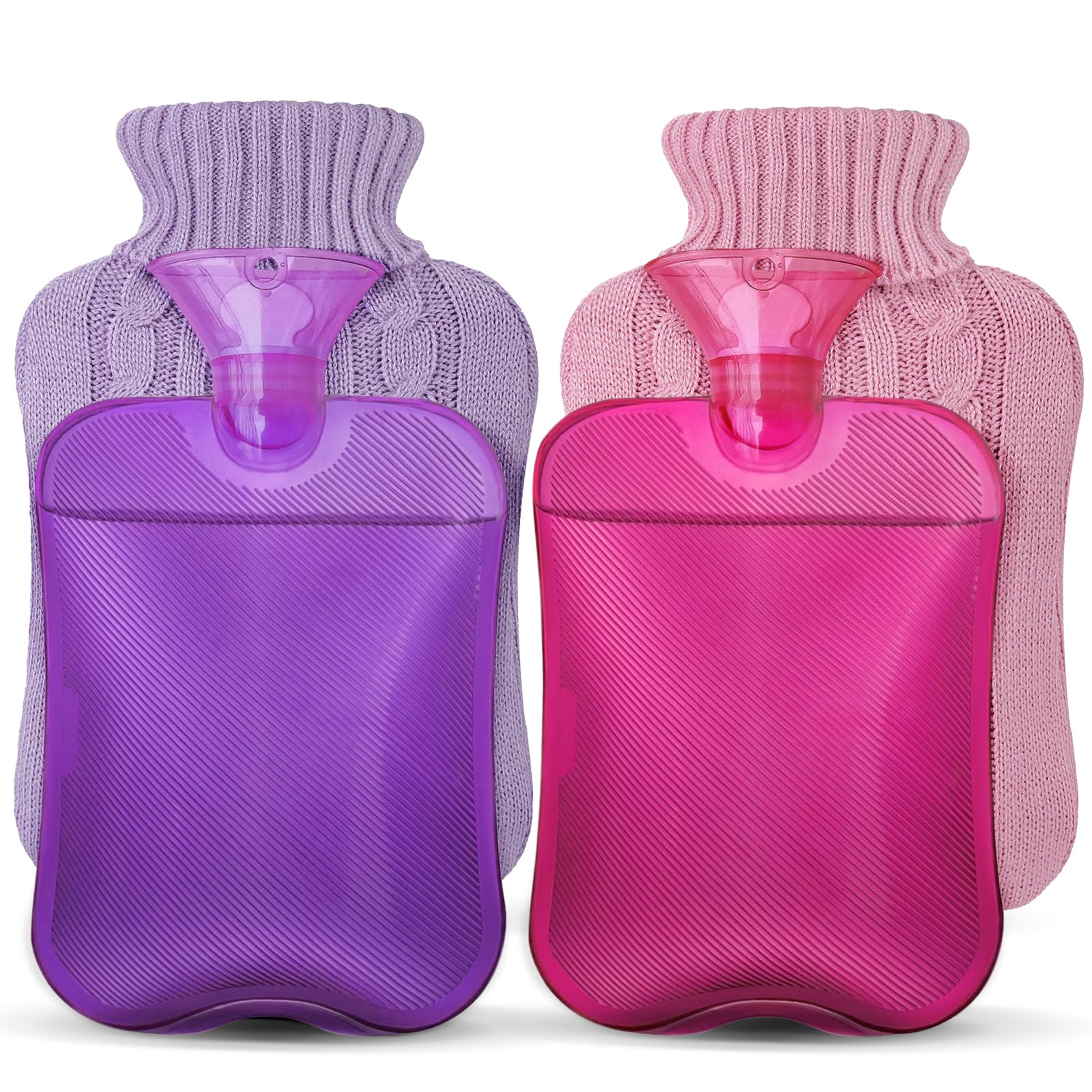 Photo 1 of 2 Packs Hot Water Bottle with Knitted Cover, Rubber Heat Bag for Hot & Cold Compress, Warm Water Heat Bottles for Menstrual Cramps Pain Relief, Bed Hand Feet Warmer Winter Gift 2 Liter - Pink & Purple