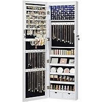 SONGMICS 6 LEDs Mirror Jewelry Cabinet, 47.2-Inch Tall Lockable Wall or Door Mounted Jewelry Armoire