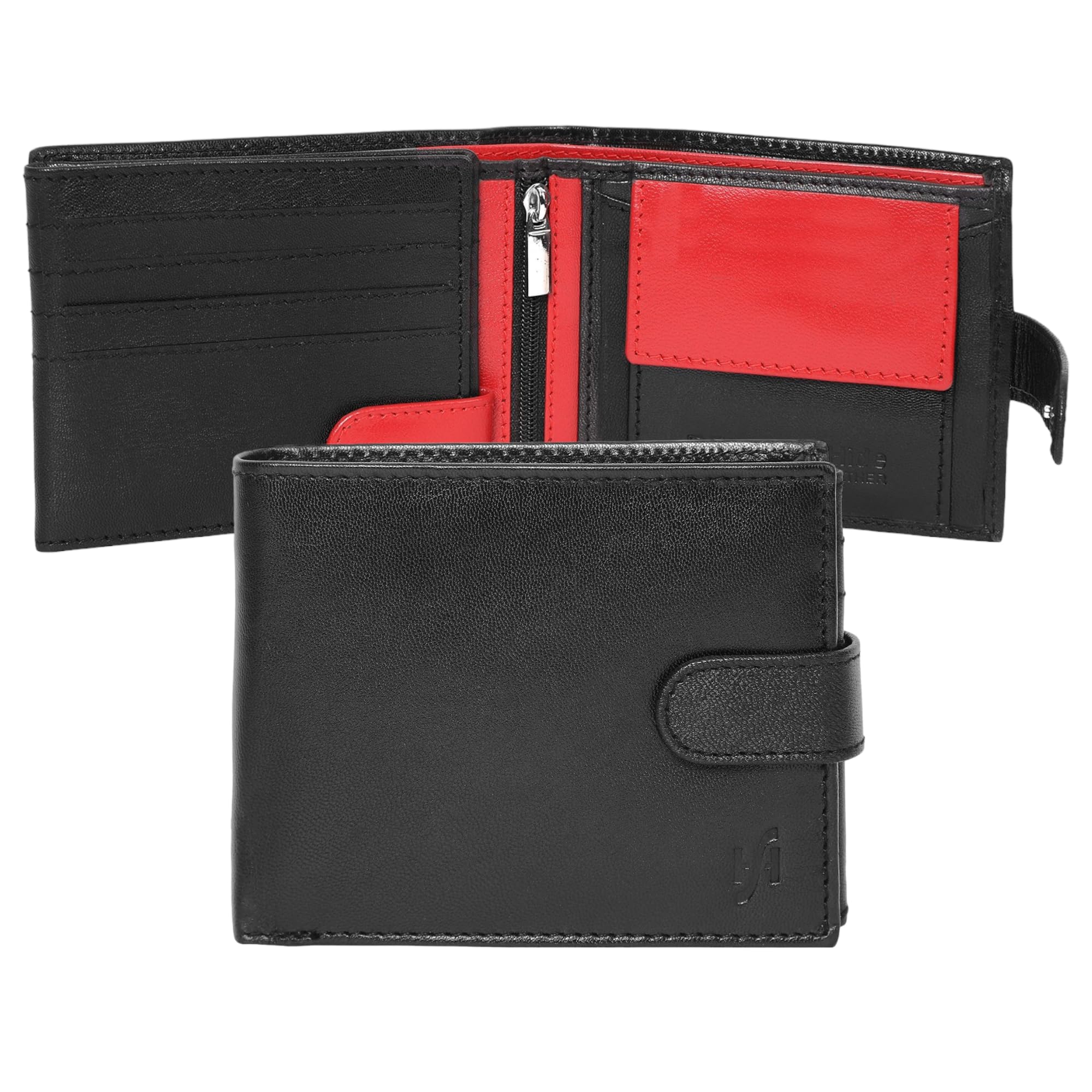 STARHIDE Men’s RFID Blocking Genuine Leather Wallet – Twin ID Card Holder, Coin Pouch, 7 Card Slots, 2 Note Compartments & Gift Box – Slim Bifold Wallet for Men 1213 (Black/Red)