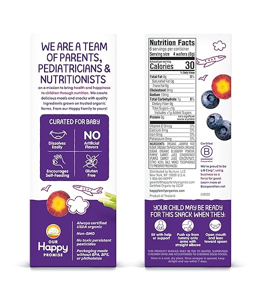 HAPPY BABY ORGANICS BABY SNACKS, GENTLE TEETHING WAFERS, GLUTEN FREE & VEGAN, BLUEBERRY & PURPLE CARROT, 12 COUNT (PACK OF 6)