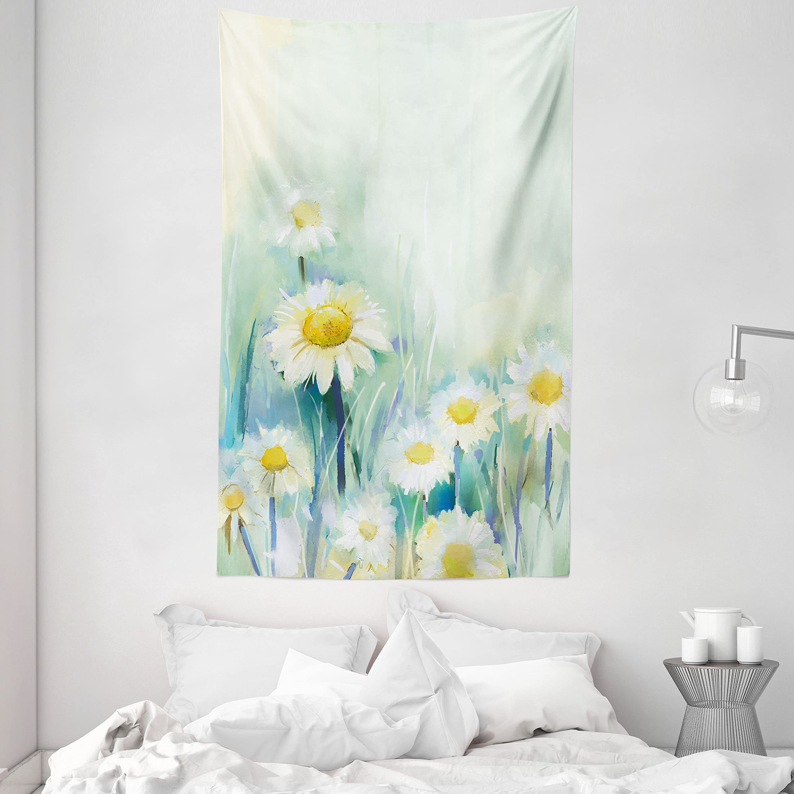 ABAKUHAUS Flower Tapestry, Daisies on Grass Mother Earth Icons Impressionist Expression of Nature Print, Fabric Wall Hanging Decor for Bedroom Living Room Dorm, 54 W X 90 L, Pale Blue White